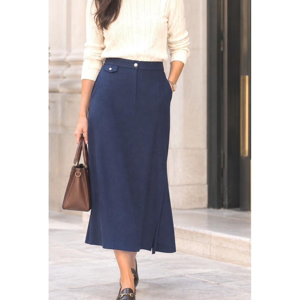 Vintage 90s Ralph Lauren Equestrian Maxi Skirt Navy Blue Wool Leather Buckle 8